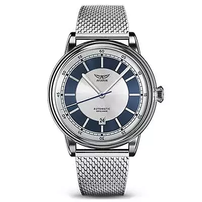 Aviator Silver Mesh Men's Automatic Swiss Made Watch - V33202735 • $1599