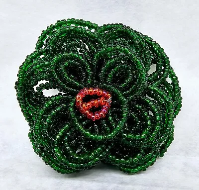 Vintage Glass Brooch Pin Seed Beads Beaded Flowers Floral Jewelry Green 1353 • $15