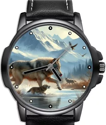 GRAY WOLF & CUB Hunting Prey Art Unique Unisex Beautiful Wrist Watch UK FAST • $98.64