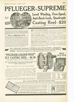 1918 Pflueger Fish Tackle Reel Bull Dog Tackle Supreme Outdoor Sport 17195 • $53.87