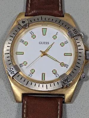 Vintage Guess 1993 White Dial Rotating Gold Tone Case Brown Leather Band Watch • $34.99