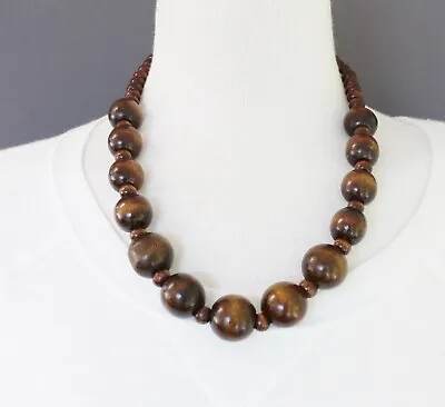 Dark Brown Wood Necklace Bead Big Chunky 21-23  Long Graduated Beaded Wooden • $10.99