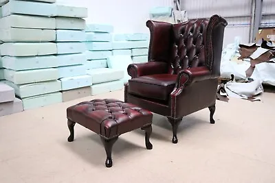 Chesterfield Queen Anne High Back Chair + Footstool Real Leather Antique Oxblood • £669.99