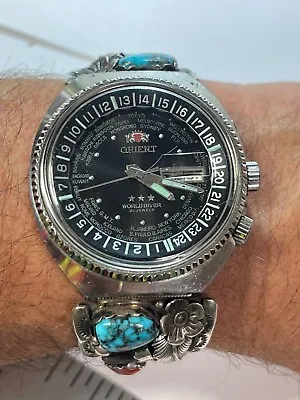 ORIENT WORLD DIVER W Navajo Men's Sterling Coral Turquoise Watch Amazing Piece • $400