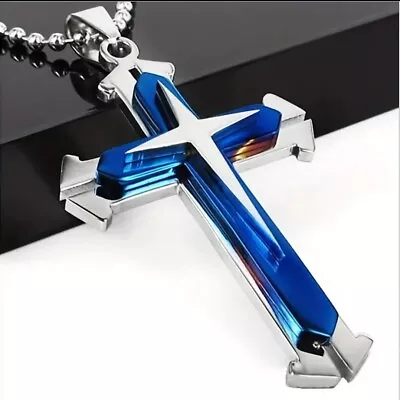 Mens Titanium Steel Blue & Silver Cross New • $5