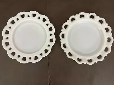 8” White Opaque Open Lace Edge Salad Plates Lot Of 2 Milk Glass • $6.99