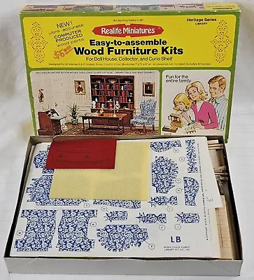 1970s Doll House Library Set Furniture Kit Realife Miniatures Wood/Fabric Vtg  • $35.92