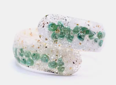 Vintage Green Seashells White Confetti Lucite Gold Flakes Bypass Bracelet • $69