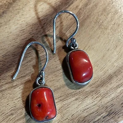 VINTAGE Dangle Drop STERLING SILVER Coral Orange Red Earrings • $19.54