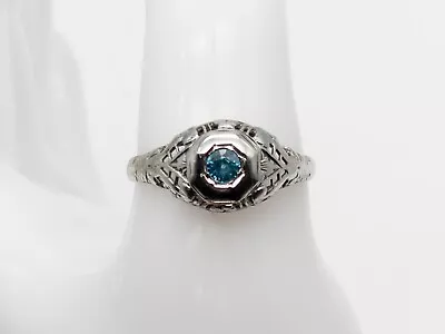 Antique 1920s .33ct Old Euro Natural Blue Zircon 18k White Gold Filigree Ring • $285