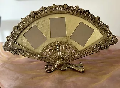 Gold Brass Ornate Frame Fan Shaped Triple Picture Easel Style ~Vintage Victorian • $35