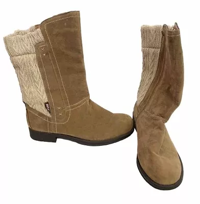 Mukluks Beige Boots Size 10 Knit Calf High Faux Suede Fur Fuzzy AN315 • $24.99