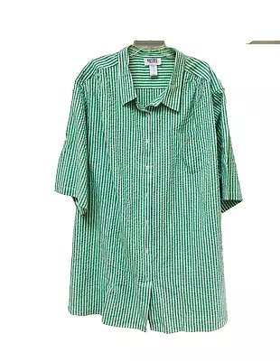 New Main Street Blues  PLUS 4X Green Stripe S/S Seersucker Shirt Blouse NEW • $17.83