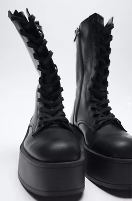 £74 • Buy Zara Sold Out Leather Flat Platform Boots Lace Up Cortun UK7 Bloggers Love Hot