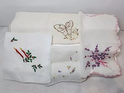 Vtg Lot Of 4 Hankerchiefs Hankies Embroidery Cross Stitch Floral & Christmas  • $14