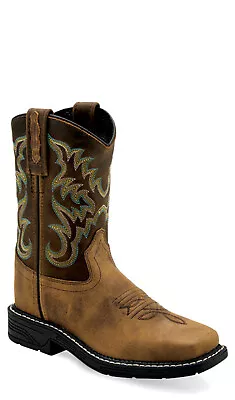 Old West Children Unisex Square Toe Burnt Tan/Rugby Mustard Leather Cowboy Boots • $32.99