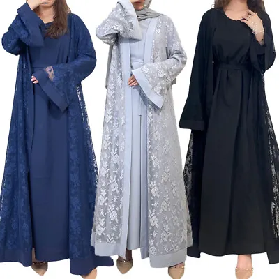 Lace Open Kaftan Abaya Women Long Dress Set Muslim Cardigan Robe Ramadan Gown • £48.66