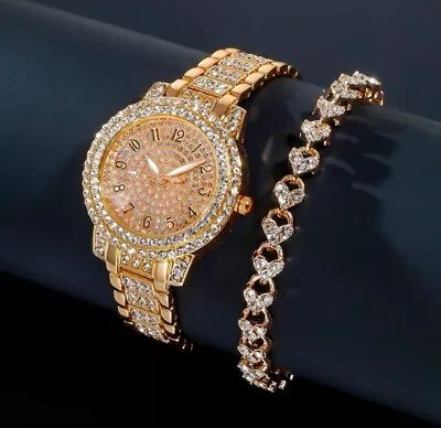 Watch Gift Set Women Ladies Rose Gold WATCH + BRACELET Rhinestone Top Quality UK • £9.99