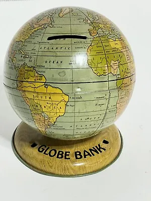 🔥 VINTAGE J CHEIN GLOBE TIN  SAVINGS BANK MADE IN USA 1930s WORLD MAP • $19.19