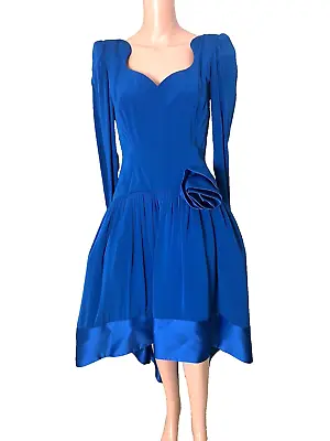 Vintage 1980s Morton Myles Designer Lillie Rubin Dress Size 8 L/S Rich Blue • $149