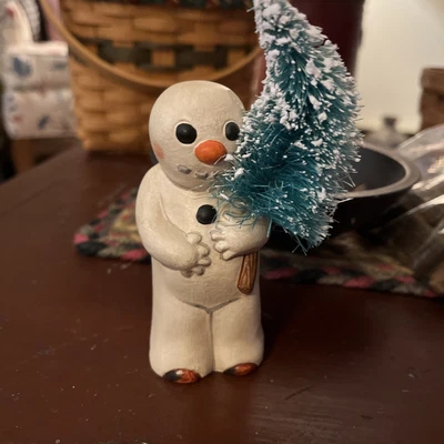 $74.99 • Buy Vaillancourt Folk Art Snowman W/ Silly Smile & Tree~ 4”~ 1996~Excellent!