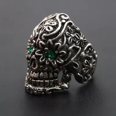 Mexican Sterling Silver 925 Ring Mens Floral Skull Deadman Design Biker Size 9.5 • $147