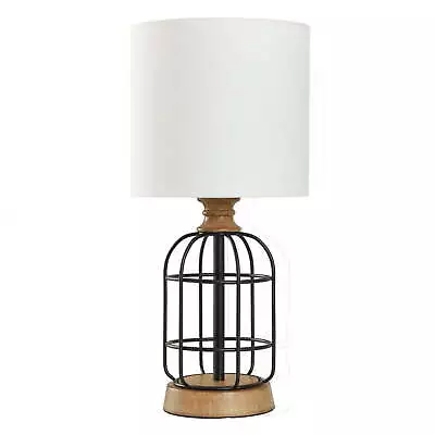 Black Metal Cage Table Lamp With Wood Accents And Drum Shade 17  • $26.24