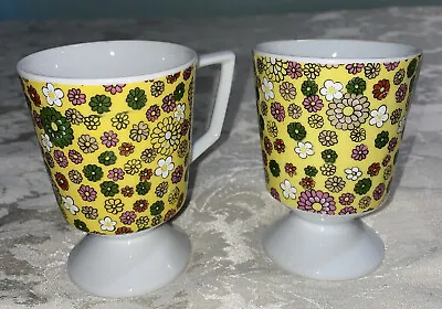 Set Of 2 Flower Power Pedestal Coffee Mugs Cups MCM 1970s Retro Mod Vintage • $12