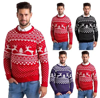 Mens Christmas Jumper Casual Knit Long Sleeve Reindeer XMAS Gift Sweater S-XXL • £16.95