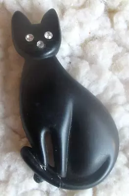 Vintage Unsigned Plastic Or Wood Rhinestone Eyes Nose Large Black Cat Brooch Pin • $8.99