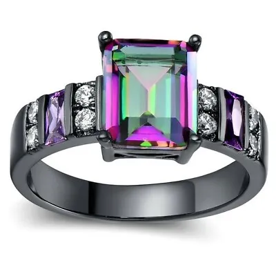 Mystic Topaz Ring Black Sterling Silver Cz Rainbow Heart 6 7 8 9 Size Fire Topaz • $9.99