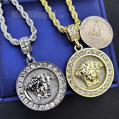 Gold Plated Medusa Cubic Zirconia Medal Pendant 24  Rope Chain Hip Hop Necklace • $12.99