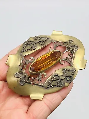 Vtg Art Nouveau Yellow Topaz ? Faceted Glass Large C Clap Oval Pin Brooch • $76.50