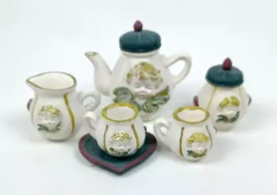 Miniature Angels And Roses Tea Set Resin Miniature Cherub Faces Red Green • $15