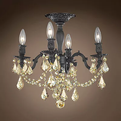 Versailles 4 Light 17  Dark Bronze Semi Flush Mount With Golden Teak Crystals • $618