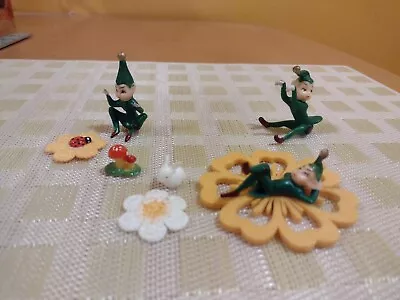 Vintage Pixie Elves Elf 3 Set Lot Cake Toppers Flowers Diorama Dollhouse Green • $25