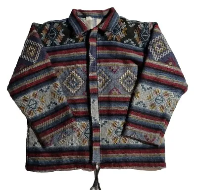 Pure Wool Made In Nepal Thick Navajo Style Full Zip Jacket Trekking Medium • £44.96
