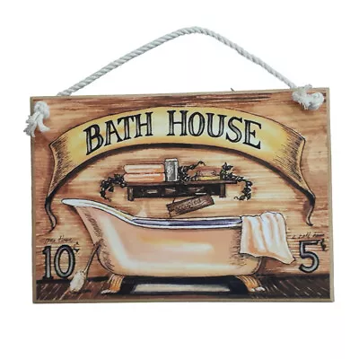 £9.45 • Buy Country Printed Quality Wooden Sign And Hanger Bath House Bathroom Plaque