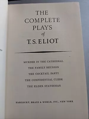 T.S. Eliot The Complete Plays ~ Harcourt Brace & World ~ First Edition • $34.99