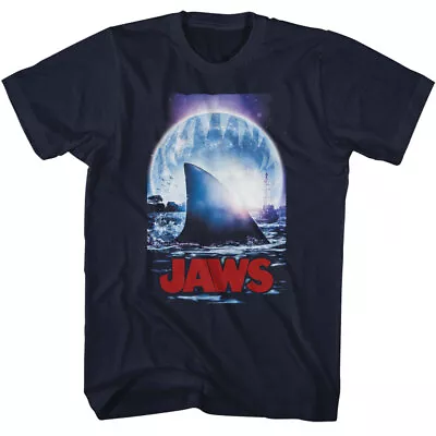 Jaws 70's Thriller Movie Moonlit Night Shark Fin Orca Boat In Back Men's T Shirt • $39.66