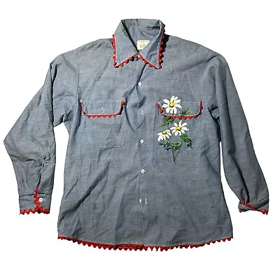Vintage 70s BIG MAC Shirt JCPenney Penn Prest Painted Floral Chambray Large • $34.97