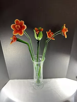 Murano Style Art Glass Long Stem ￼ Flower Bouquet Lot 18” Hand Blown Orange Read • $154.50