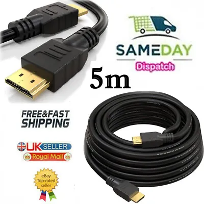 5m Long HDMI Cable High Speed With Ethernet V1.4 FULL HD 4K 3D ARC GOLD BLACK • £22.97