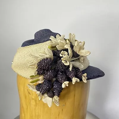 Vintage 40s Straw Hat With Silk Millinery Flowers & Straw Blackberries Veola • $47.60