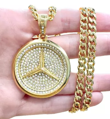 Iced CZ Mercedes Benz Necklace Gold Plated Stainless Steel Hip Hop Jewelry Men • $45