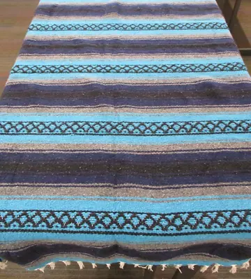 £28 • Buy Mexican Blanket, Throw, Rug, Blue Black Grey, Woven Stripe, Snuggle Blanket