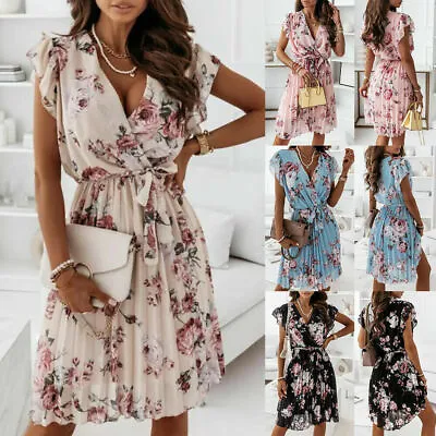 £15.99 • Buy Women Boho Floral V Neck Wrap Dress Ladies Ruffle Swing Holiday Beach Sundress