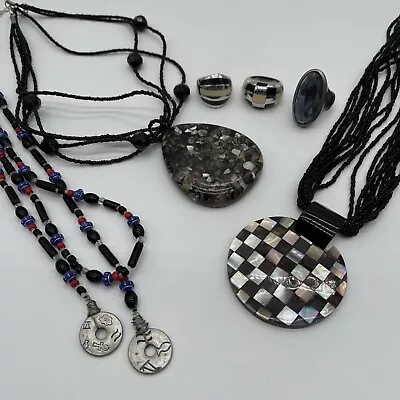 Vintage Black  Chunky Jewelry Lot Gothic 3 Rings 3 Necklaces • £8.68