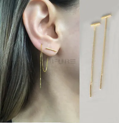 £4.99 • Buy Hypoallergenic Gold Double Piercing Chain Dangle Bar Threader Cartilage Earrings