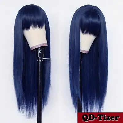 Heat Resistant Blue Hair Synthetic No Lace Wigs Full Bangs Straight Soft Natural • $17.42
